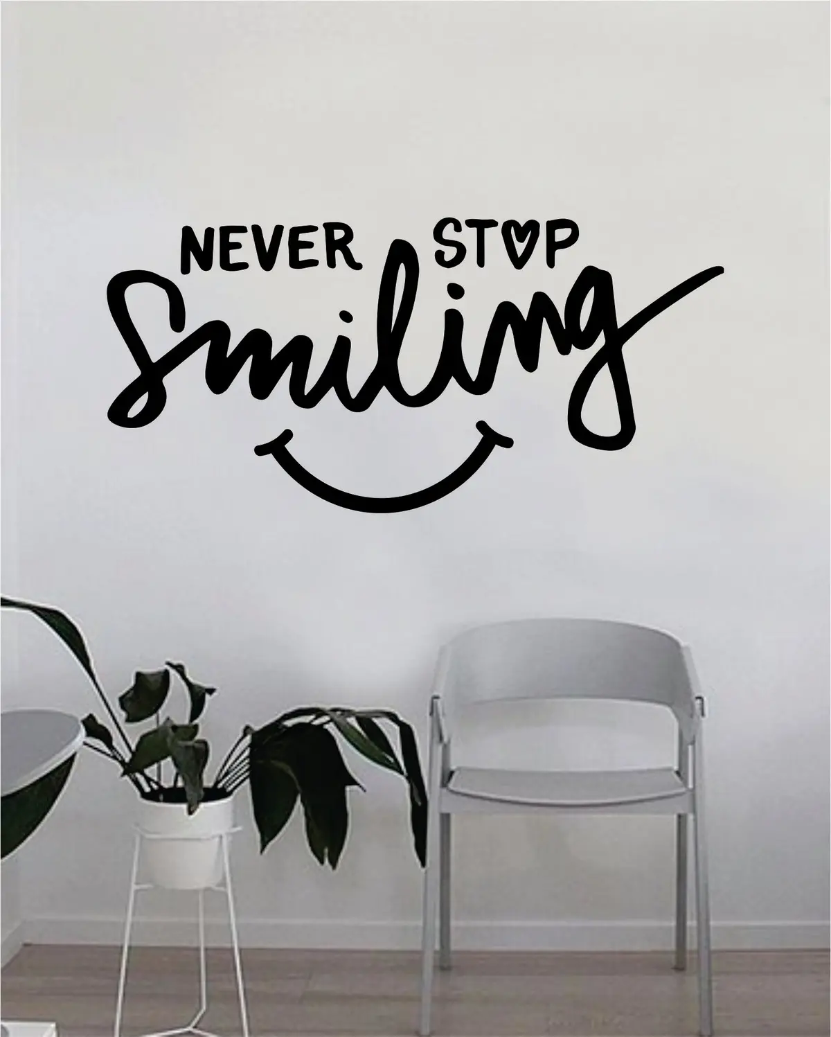 Never Stop Smiling Quote Beautiful Design Decal Sticker Wall Vinyl Decor Living Room Bedroom Art Simple Cute Travel Good Vibes Positive Happiness Smile Cursive Girls Teen 1