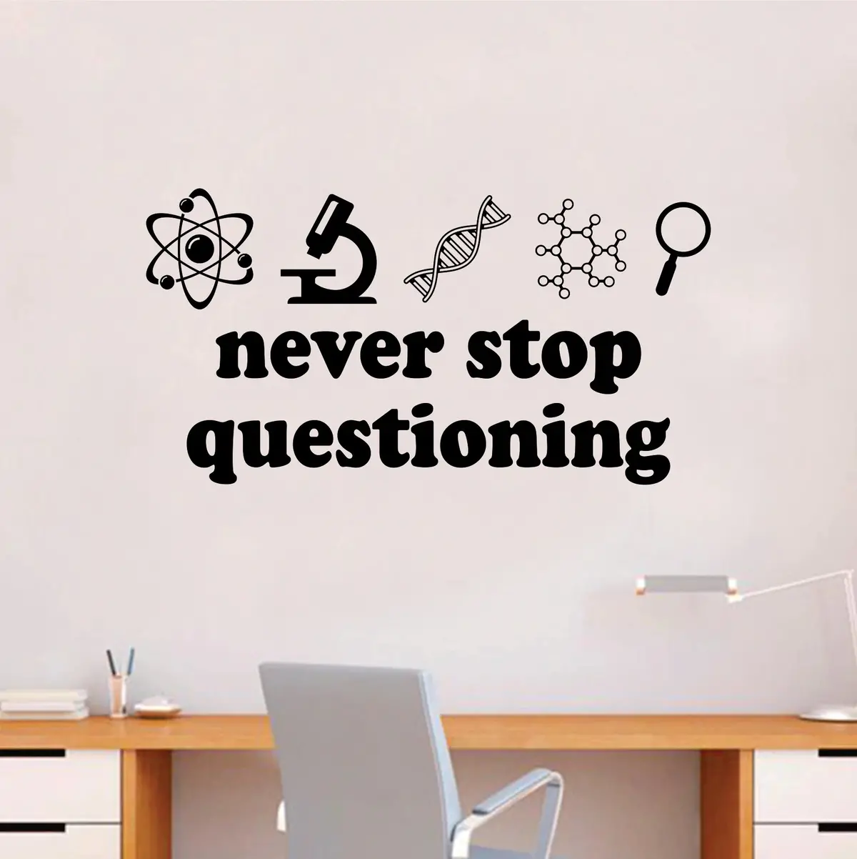 Never Stop Questioning Wall Decal Science Sticker Vinyl Art Home Room Decor Teacher School Scientist Chemistry Classroom Lab Class 1