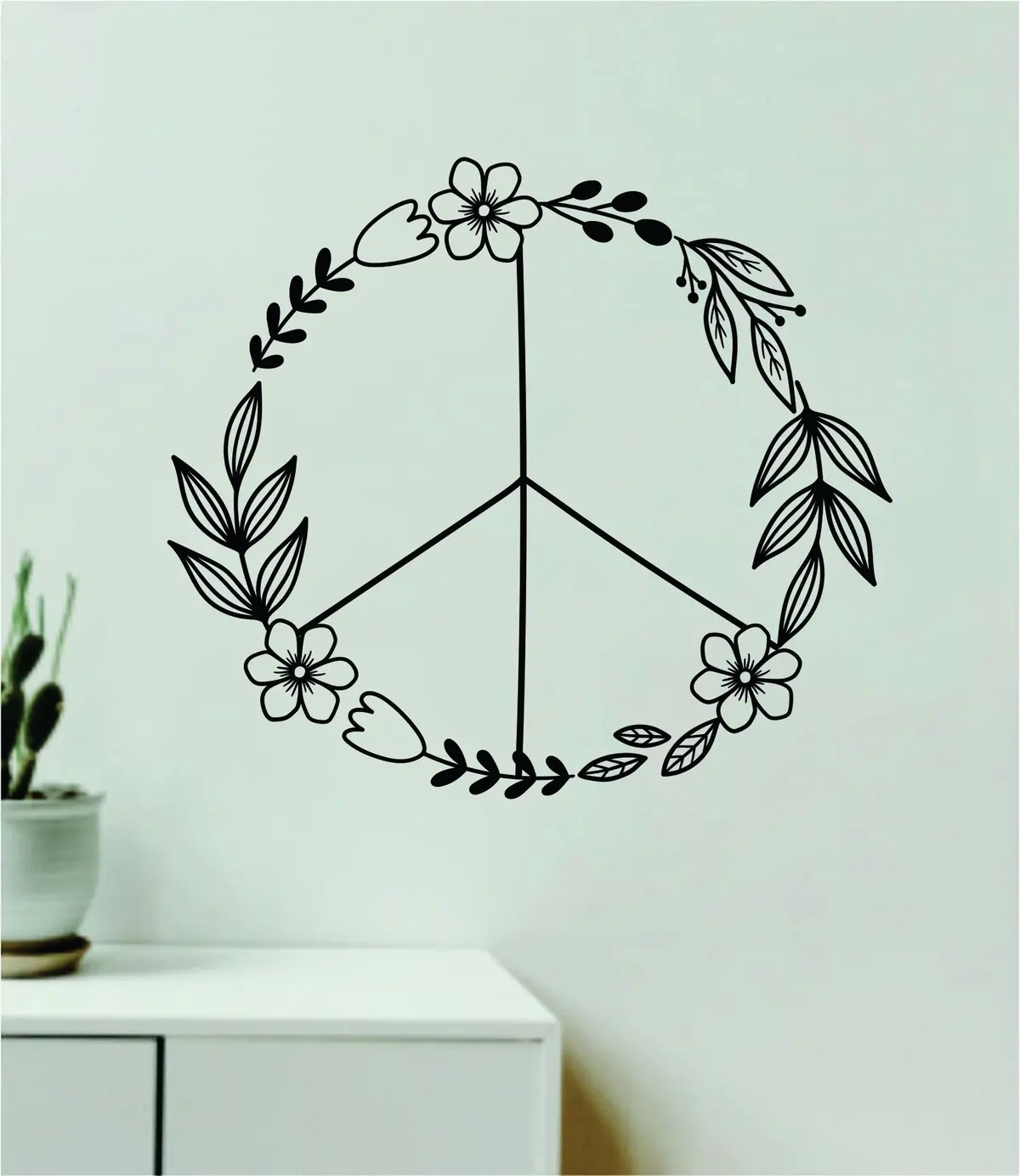 Peace Flowers Wall Decal Home Decor Vinyl Sticker Art Bedroom Room Girls Boys Baby Nursery School Modern Boho Nature Inspirational Cute 1