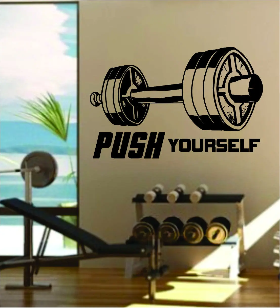 Push Yourself V2 Quote Fitness Health Work Out Gym Decal Sticker Wall Vinyl Art Wall Room Decor Weights Dumbbell Motivation Inspirational 1