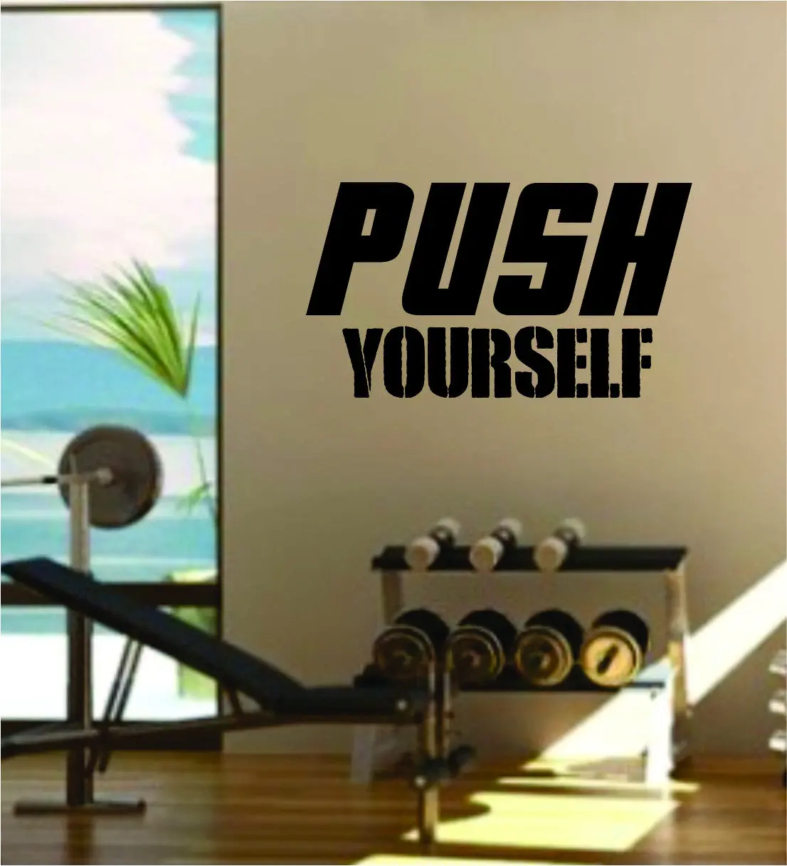 Push Yourself Quote Fitness Health Work Out Gym Decal Sticker Wall Vinyl Art Wall Room Decor Weights Motivation Inspirational 1