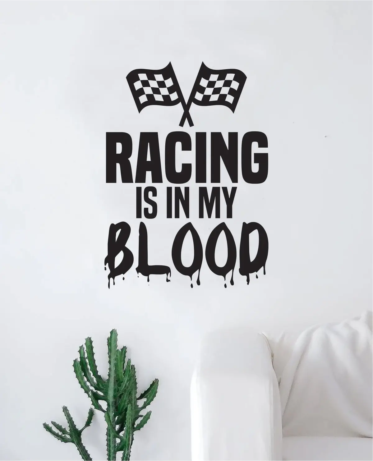 Racing Is In My Blood Wall Decal Decor Art Sticker Vinyl Room Bedroom Home Teen Inspirational Sports Kids Checker Flag Race Car 1