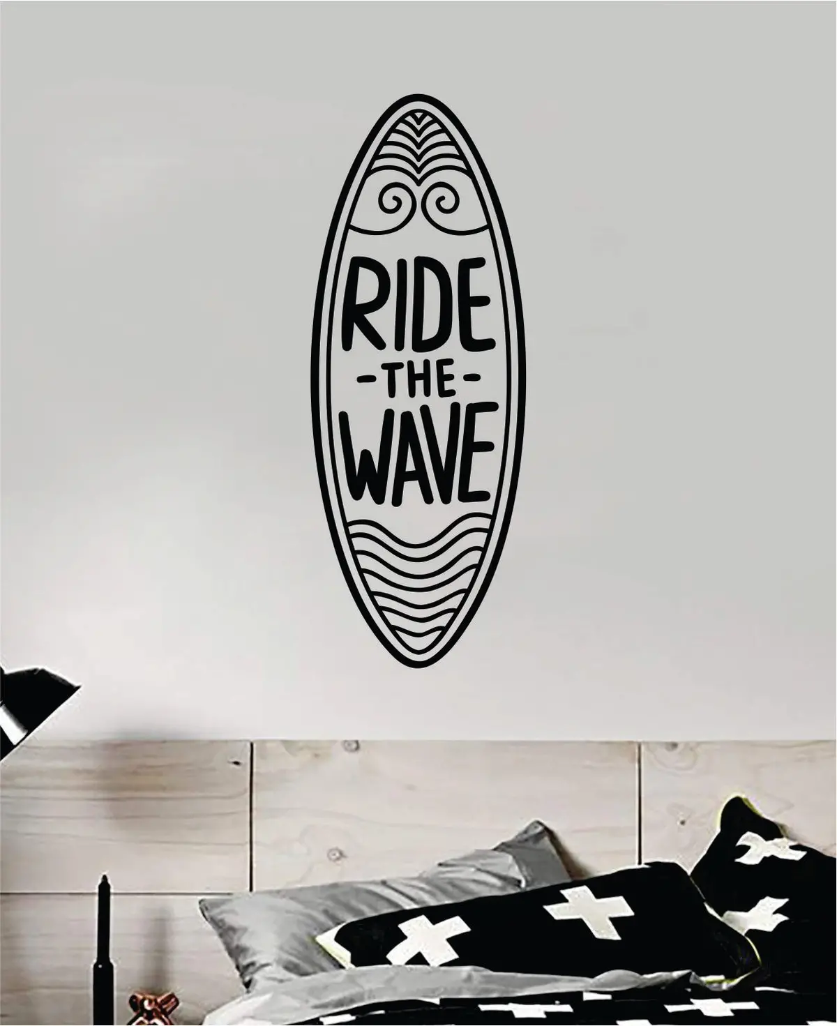 Ride The Wave Surfboard Quote Wall Decal Sticker Vinyl Art Bedroom Home Room Decor Inspirational Kids Teen School Nursery Girls Sports Surf Ocean Beach 1