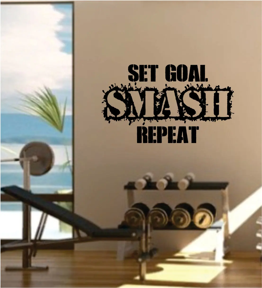 Set Goal Smash Repeat Gym Fitness Health Work Out Decal Sticker Wall Vinyl Art Wall Room Decor Weights Dumbbell Motivation Inspirational 1