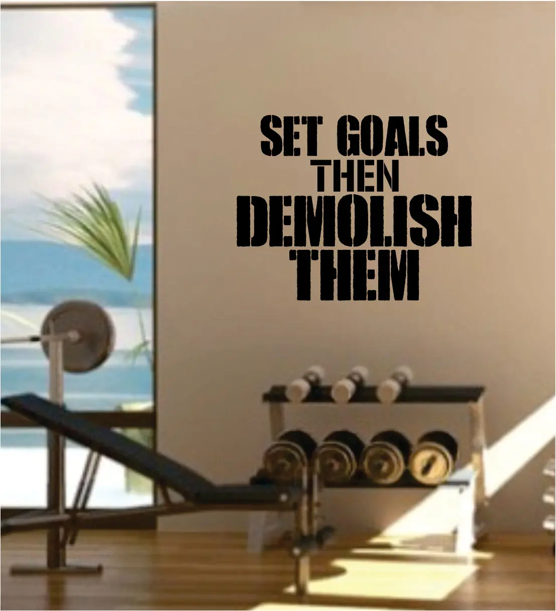 Set Goals Then Demolish Them Gym Quote Fitness Health Work Out Decal Sticker Wall Vinyl Art Wall Room Decor Weights Lift Dumbbell Motivation Inspirational 1