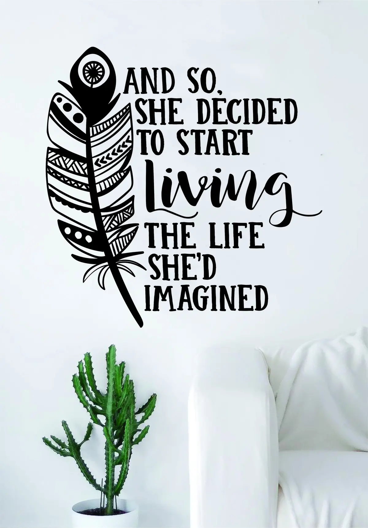 She Decided To Start Living Quote Decal Sticker Wall Vinyl Art Home Woman Girl Teen Adventure Feather Inspirational Inspire 1