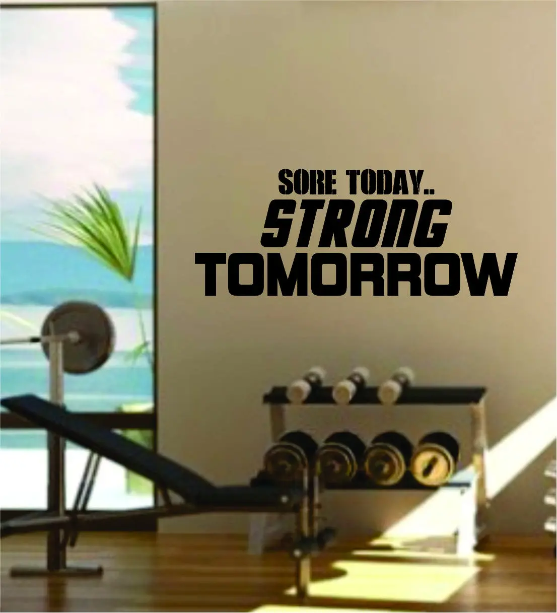 Sore Today Strong Tomorrow Quote Fitness Health Work Out Gym Decal Sticker Wall Vinyl Art Wall Room Decor Weights Motivation Inspirational 1