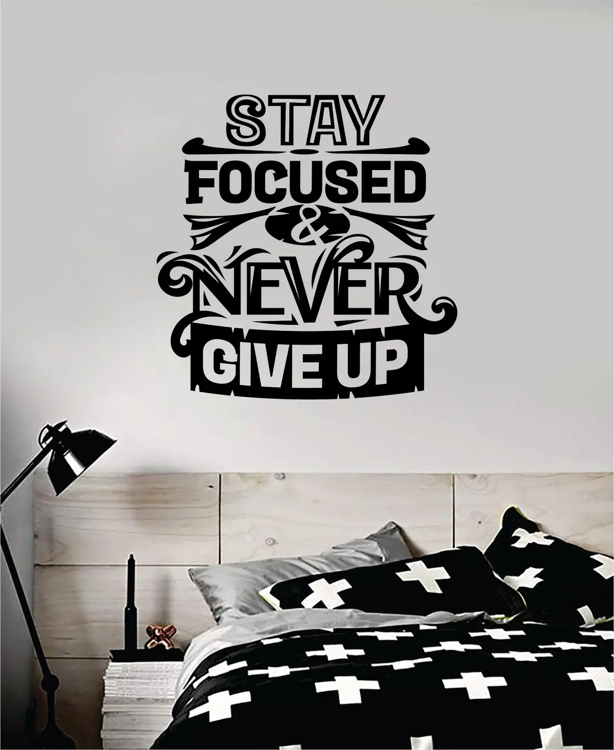 Stay Focused And Never Give Up Quote Wall Decal Sticker Bedroom Room Art Vinyl Inspirational Motivational Kids Teen Baby Nursery Playroom School Gym Fitness 1