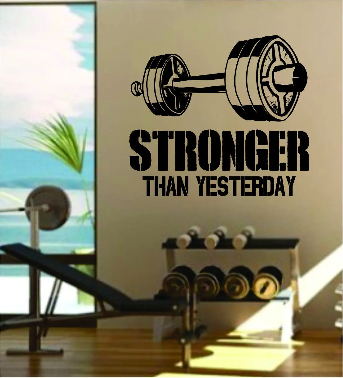 Stronger Than Yesterday V2 Quote Fitness Health Work Out Gym Decal Sticker Wall Vinyl Art Wall Room Decor Weights Dumbbell Motivation Inspirational 1