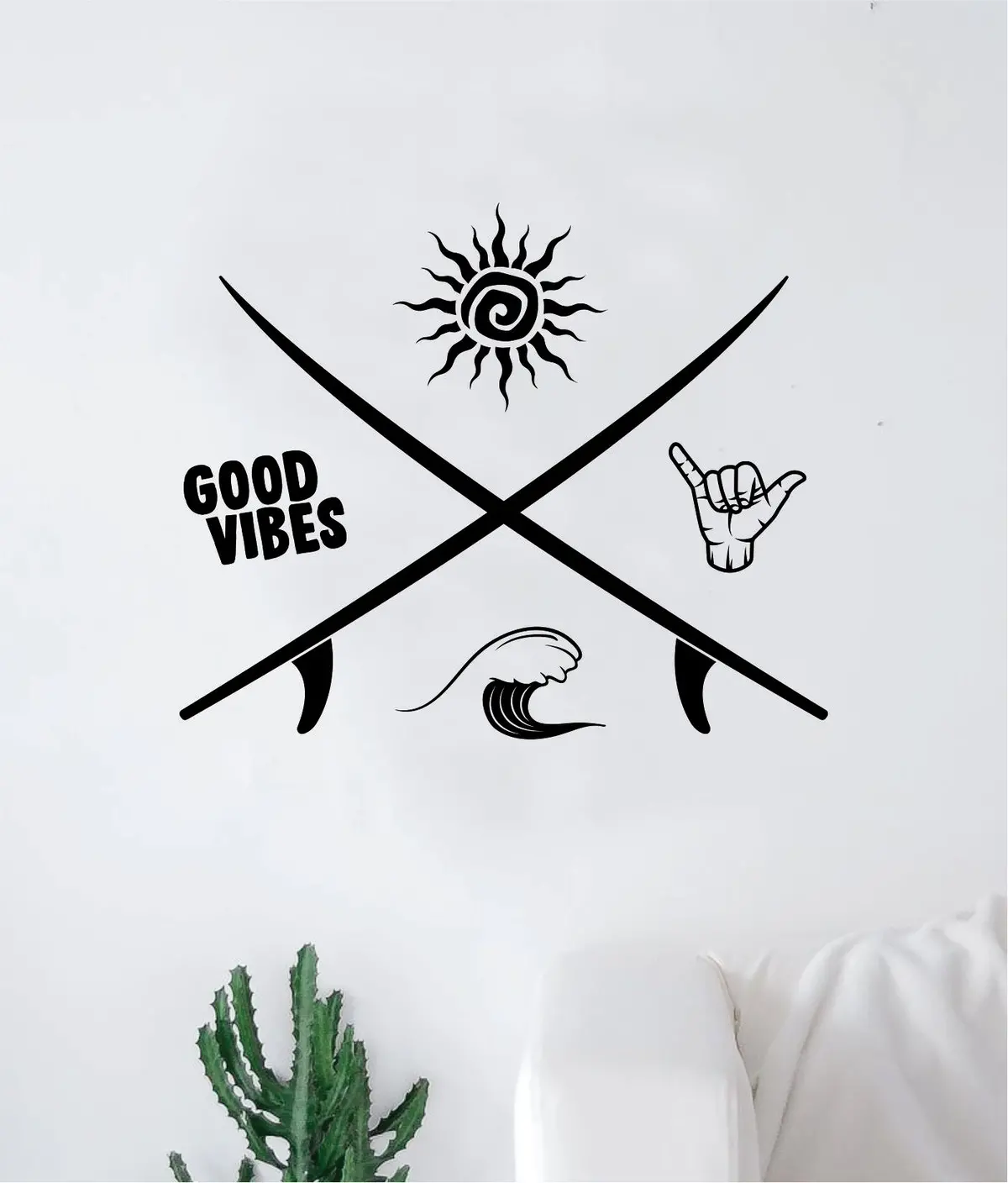 Surf Good Vibes Shaka Sun Waves Quote Wall Decal Sticker Room Bedroom Art Vinyl Decpr Decoration Teen Inspirational Adventure Sports Ocean Beach Hawaiian Aloha Hang Loose Skate 1