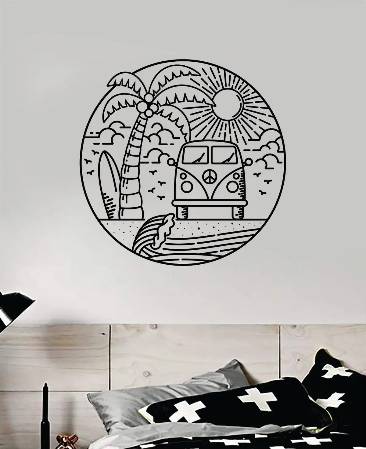 Surf Beach Circle V2 Decal Sticker Wall Vinyl Art Home Room Decor Bedroom Sports Quote Surfing Ocean Waves Good Vibes Vw Minibus 1