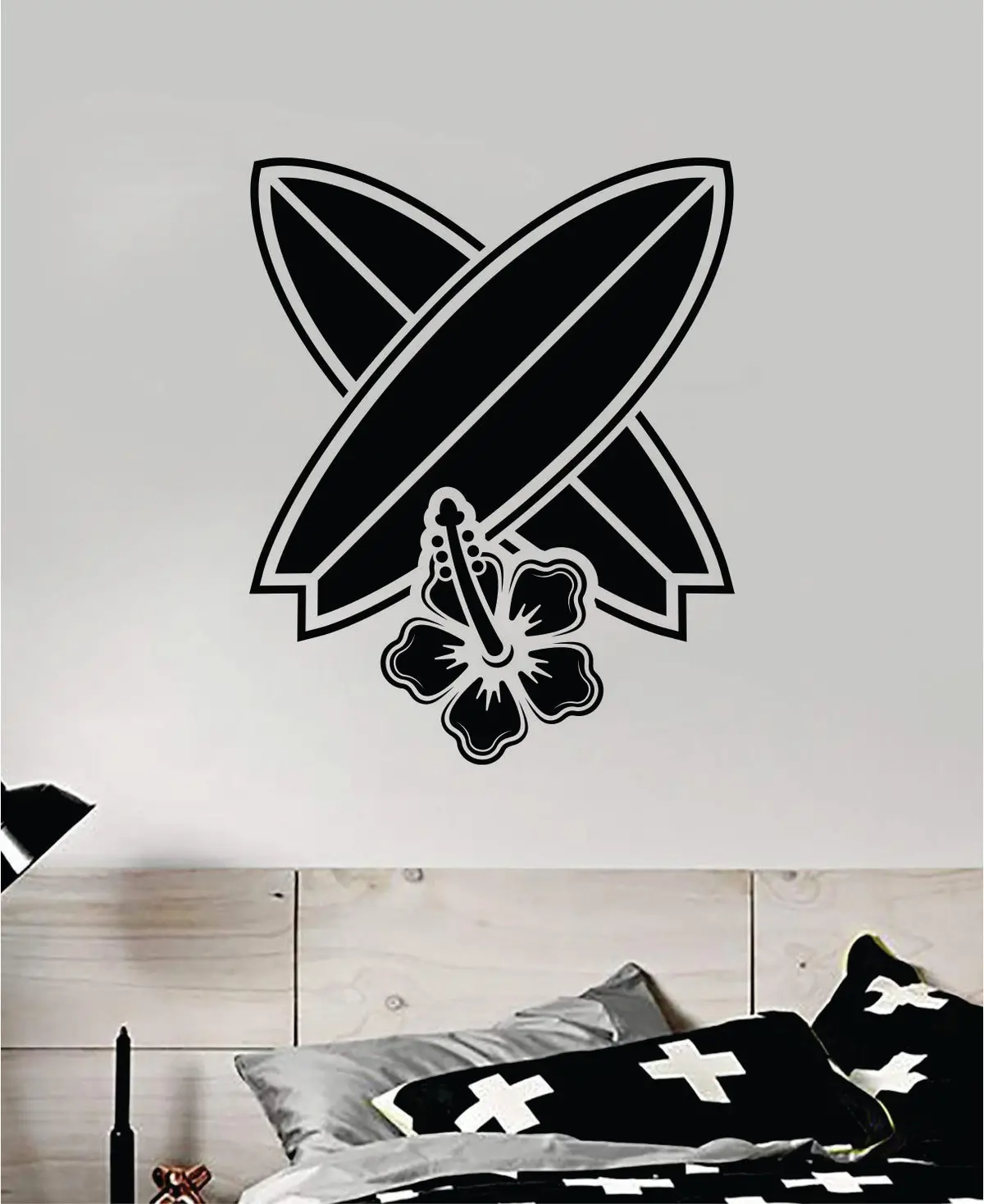 Surfboards Hibiscus Flower Wall Decal Sticker Bedroom Room Vinyl Art Home Sticker Decor Teen Nursery Inspirational Sports Kids Teen Boy Girl Surf Beach Ocean Adventure 1