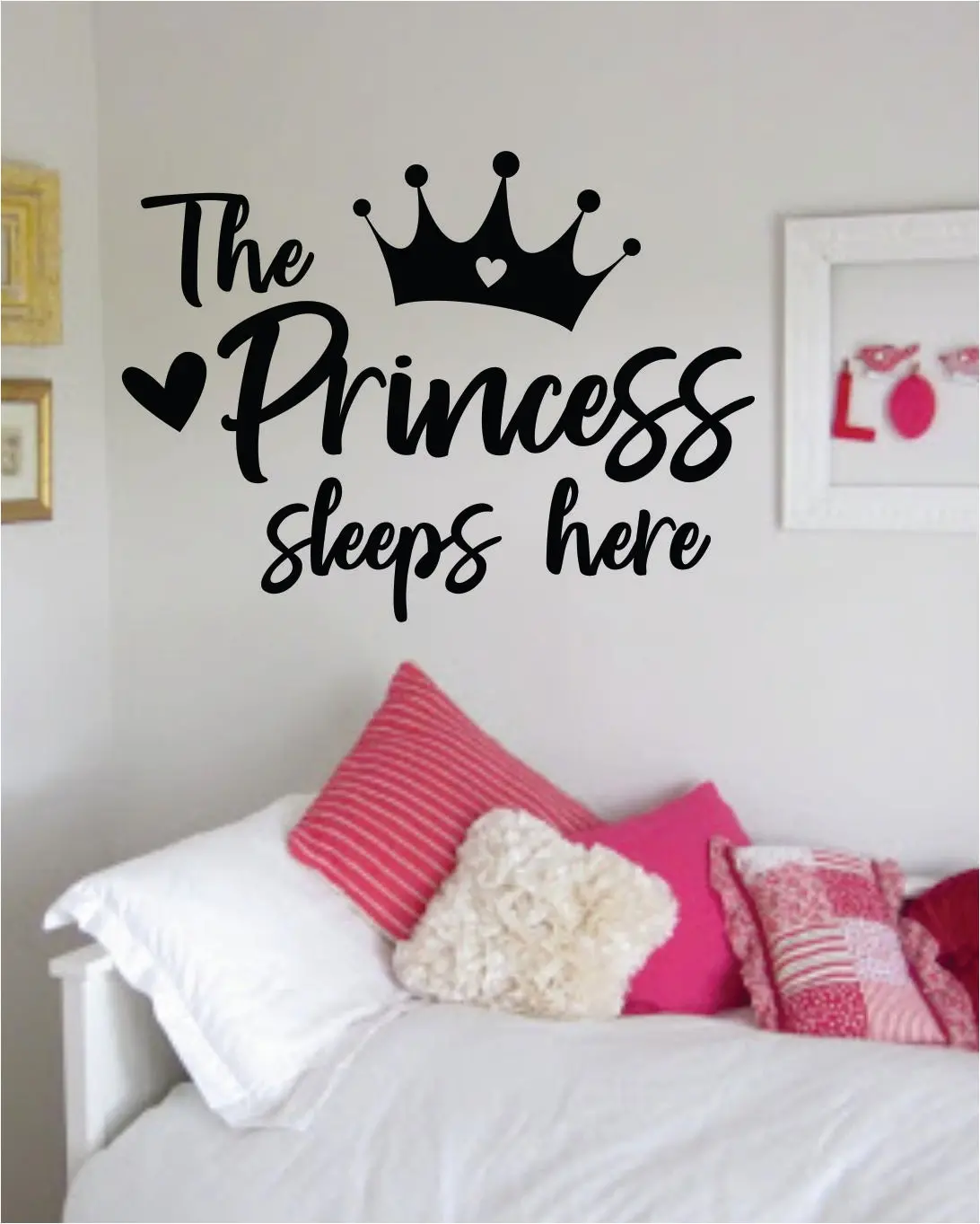 The Princess Sleeps Here Wall Decal Decor Art Sticker Vinyl Room Bedroom Home Girls Baby Daughter Nursery Playroom Crown Queen 1
