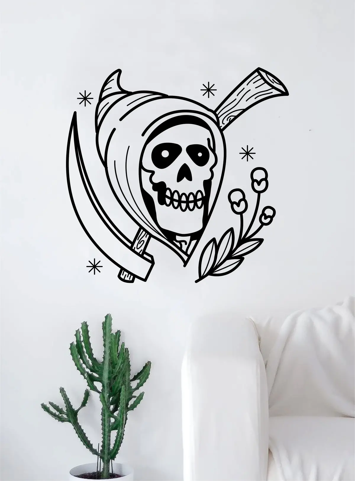 Traditional Grim Reaper Tattoo Decal Sticker Wall Vinyl Art Home Decor Skull Flowers 1