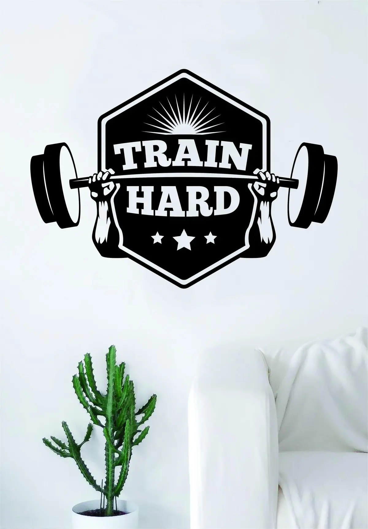 Train Hard Quote Fitness Health Work Out Gym Decal Sticker Wall Vinyl Art Wall Room Decor Weights Dumbbell Motivation Inspirational 1