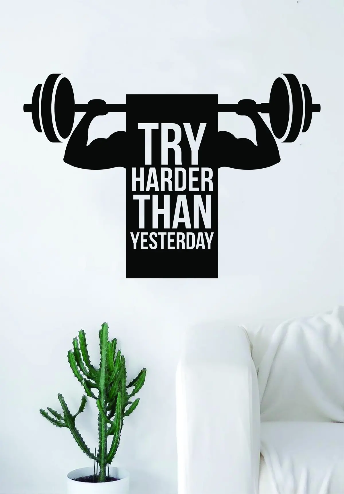Try Harder Than Yesterday Quote Fitness Health Work Out Gym Decal Sticker Wall Vinyl Art Wall Room Decor Weights Dumbbell Motivation Inspirational 1