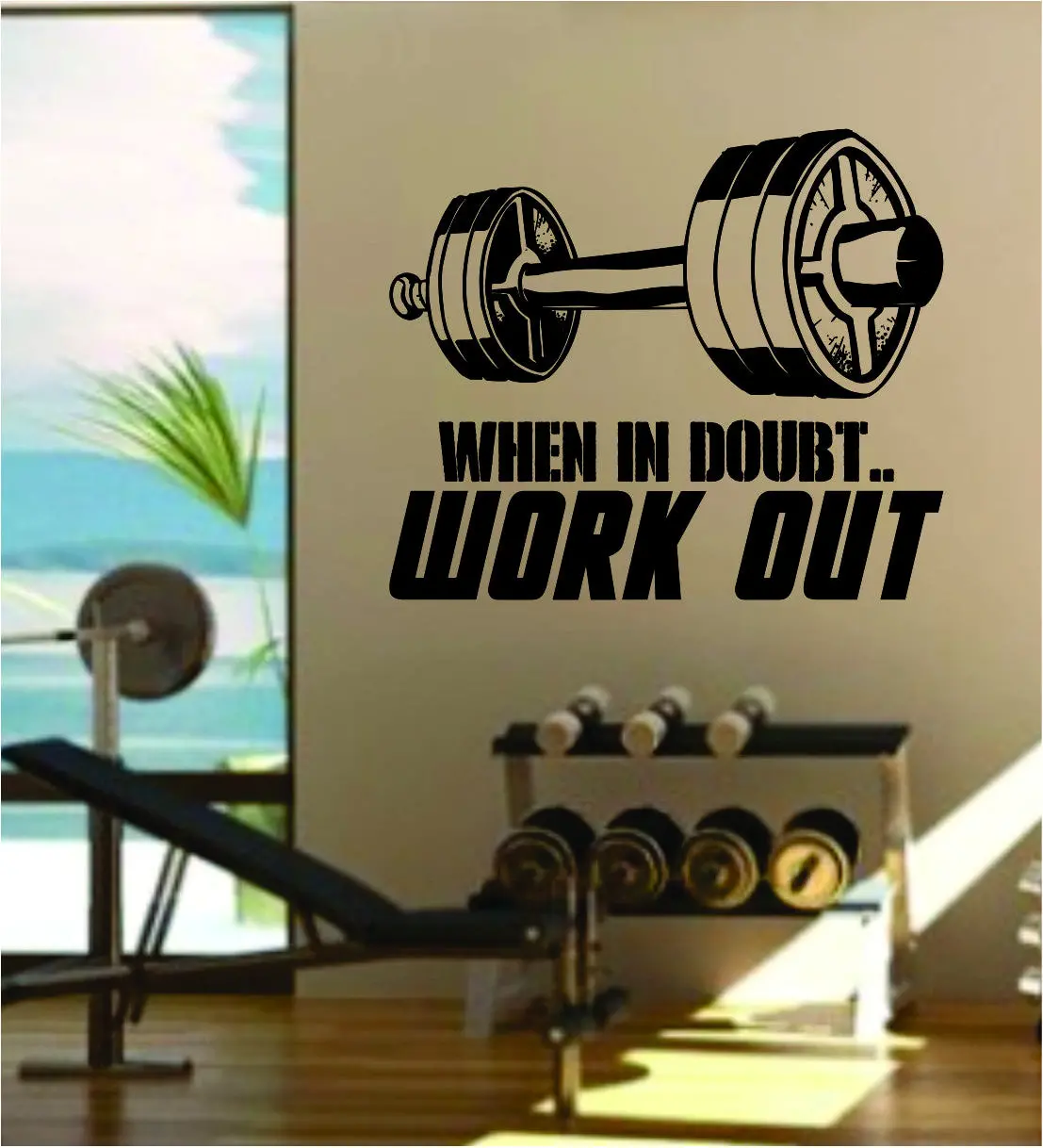 When In Doubt Work Out V2 Quote Fitness Health Work Out Gym Decal Sticker Wall Vinyl Art Wall Room Decor Weights Dumbbell Motivation Inspirational 1