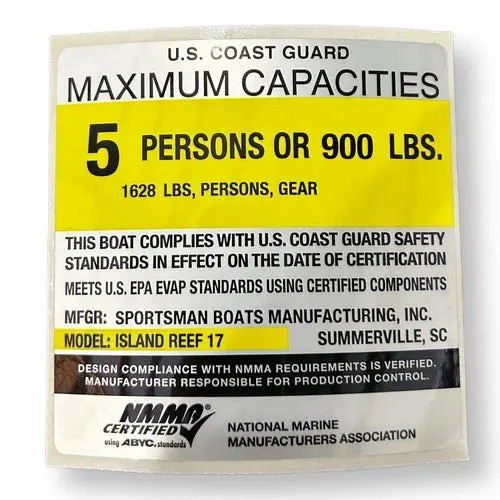Sportsman Boats – Nmma Sportsman Boats Island Reef 17 Max Capacity Sticker 5 Person Or 900Lbs – 6.2Q1 / 65264K 1