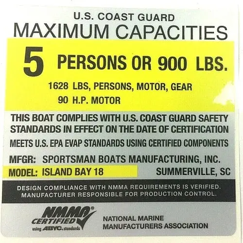 Sportsman Boats – Sportsman Maximum Capacity Placard 5 Persons / 1628Lbs / 90Hp Island Bay 18 – 6.2Q1 1