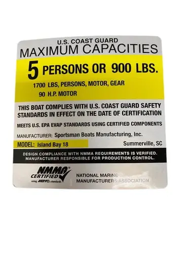 Sportsman Boats – Sportsman  Max Capacity Placard  5 Person/ 1700 Lbs/ Island Bay 18 / 90 H.P. – 6.2Q1 / 80918M 1