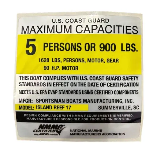 Sportsman Boats – Sportsman 1628Lb Maximum Capacity Placard 5 Persons 900Lb 90Hp Island Reef 17 – 6.2Q1 / 35071K 1